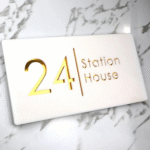 Door Name Plate - White & Gold Mirror Floating House Sign